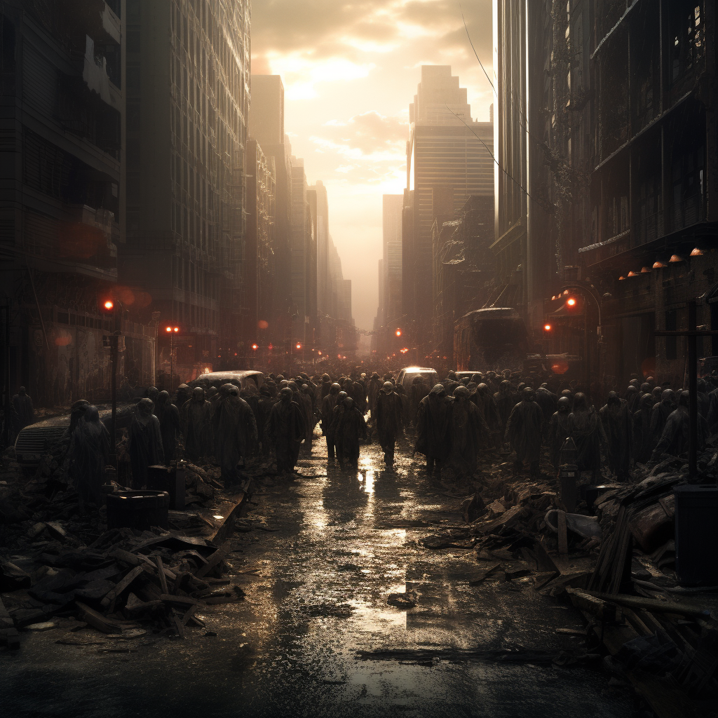 horde of zombies in a post apocalyptic city scene